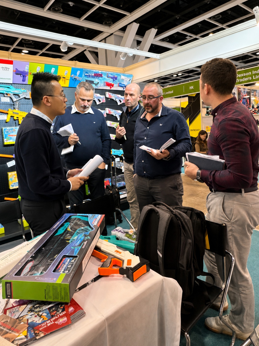 SqueeZaa team discussing fidget toy samples with buyers