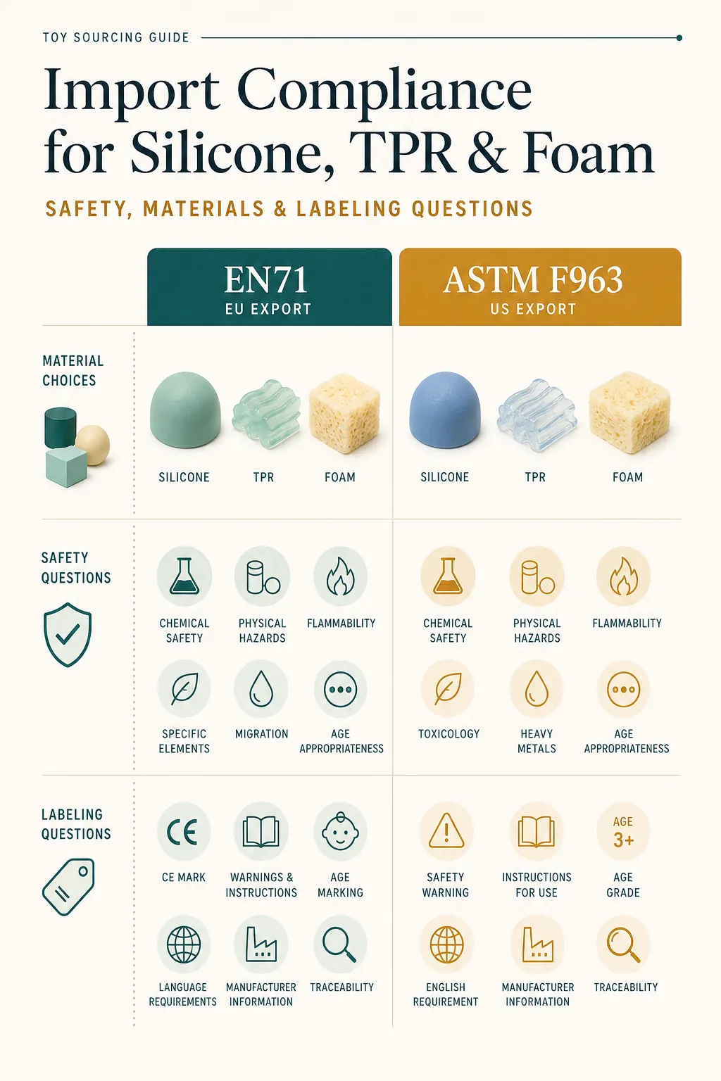Explanatory diagram for Import compliance for silicone, TPR and foam material choices: safety, materials