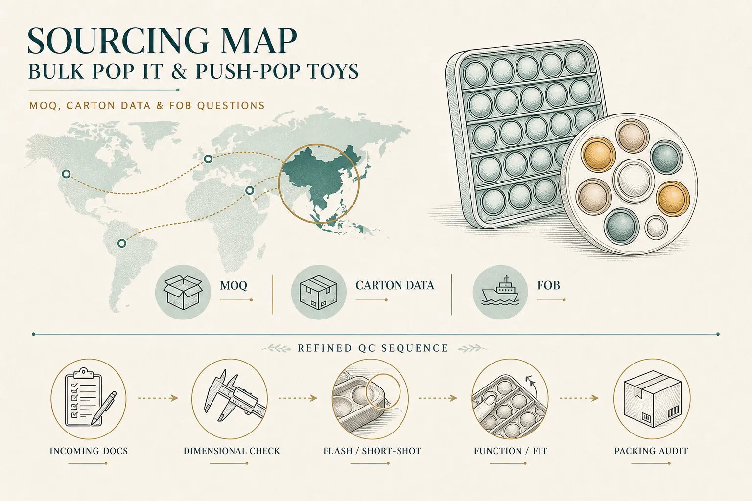 Explanatory diagram for Bulk pop it and push-pop toys sourcing map: MOQ, carton data and FOB questions
