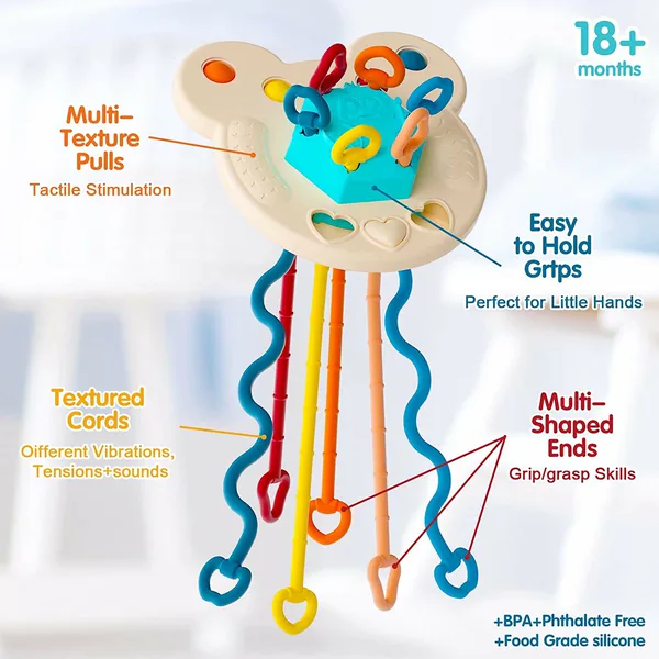Non Toxic Food Grade Baby Sensory Training Activity Flying Saucer Interactive Toy Teething Ball Silicone Pulling String Toy view 3
