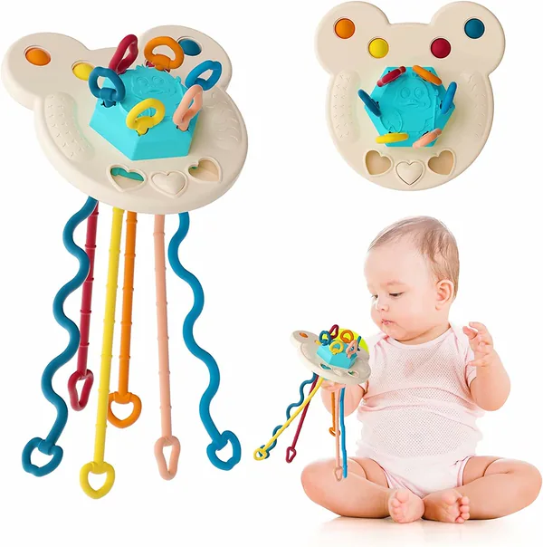 Non Toxic Food Grade Baby Sensory Training Activity Flying Saucer Interactive Toy Teething Ball Silicone Pulling String Toy view 4