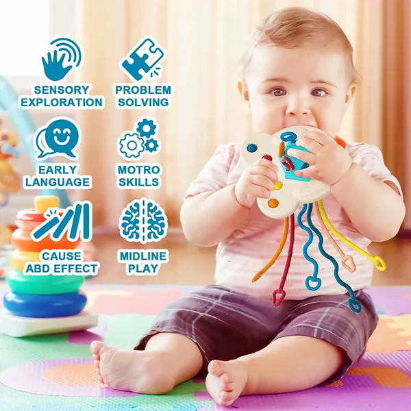 Non Toxic Food Grade Baby Sensory Training Activity Flying Saucer Interactive Toy Teething Ball Silicone Pulling String Toy view 5