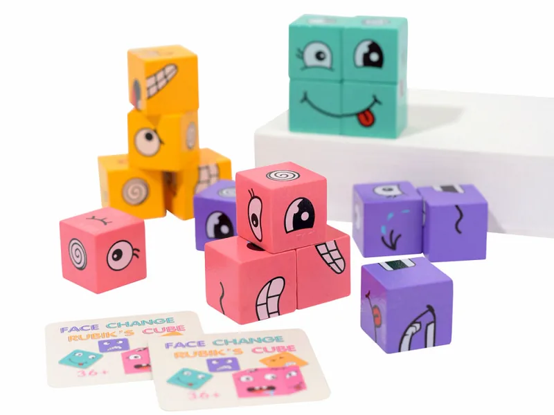 NEW Wooden Face Changing Magical Cubes Expression Puzzle Building Blocks Matching Game Toys view 3